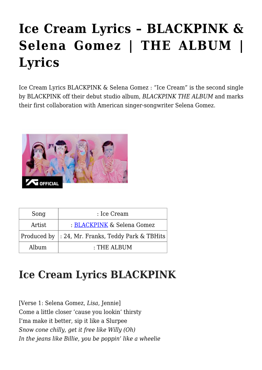 Ice Cream Lyrics &#8211; BLACKPINK & Selena Gomez