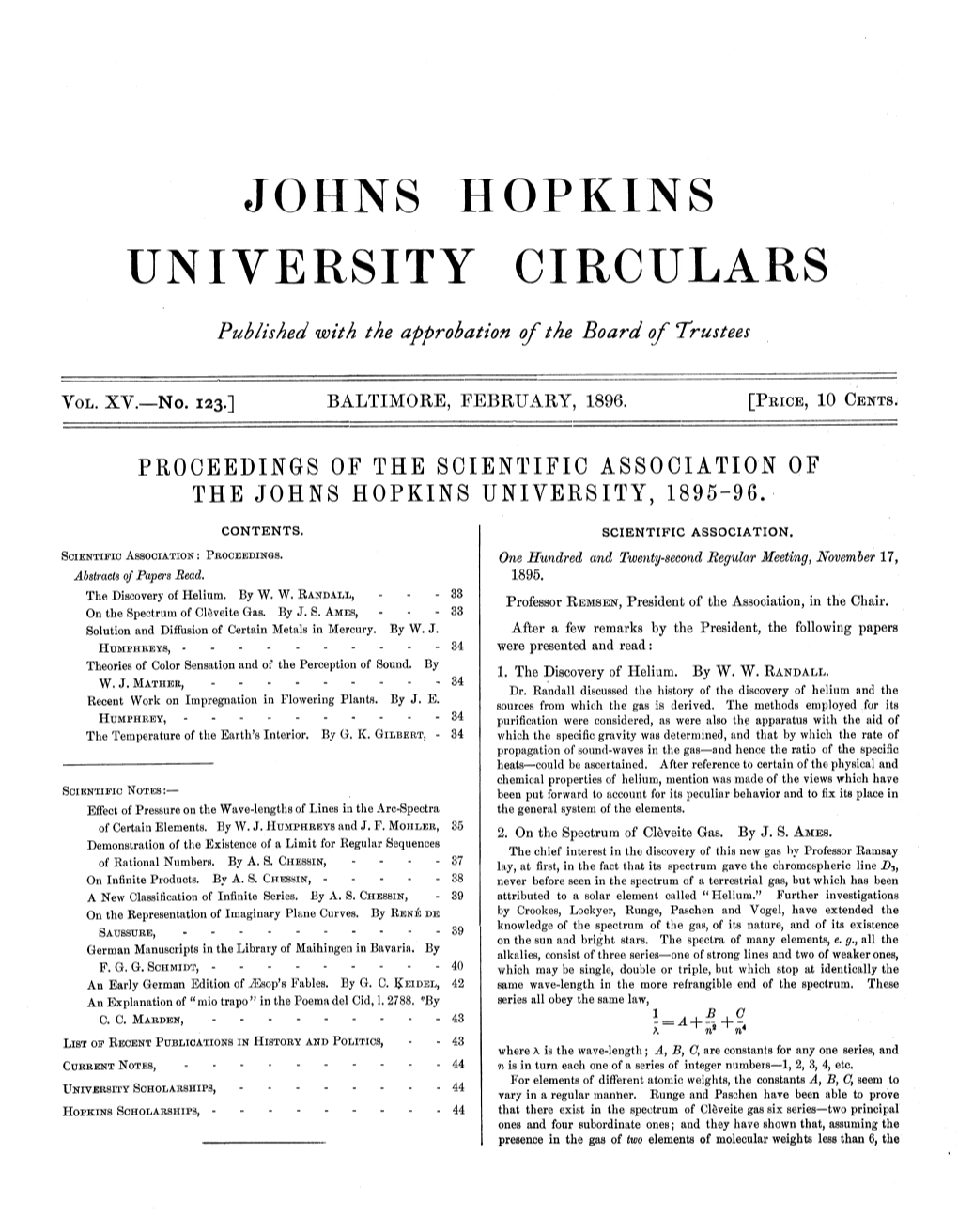 Johns Hopkins University Circulars