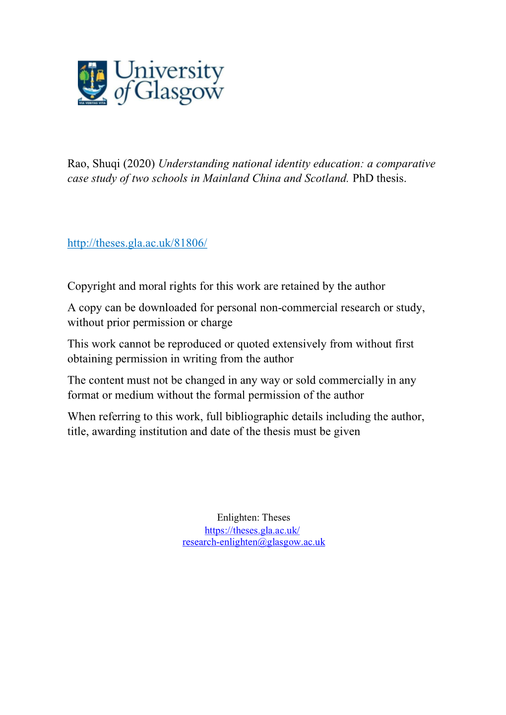Rao, Shuqi (2020) Understanding National Identity Education: a Comparative Case Study of Two Schools in Mainland China and Scotland