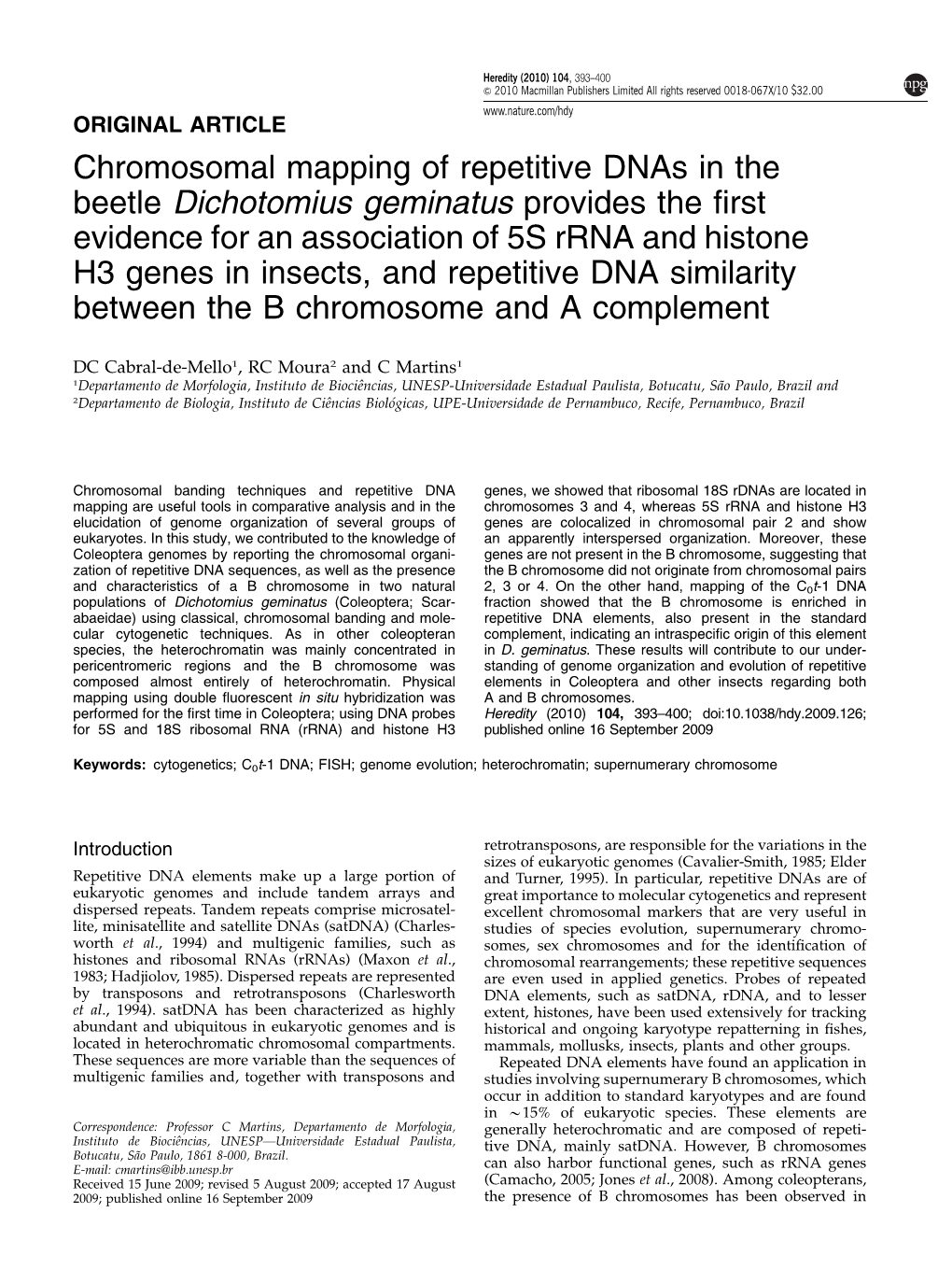 Chromosomal Mapping of Repetitive Dnas in the Beetle Dichotomius