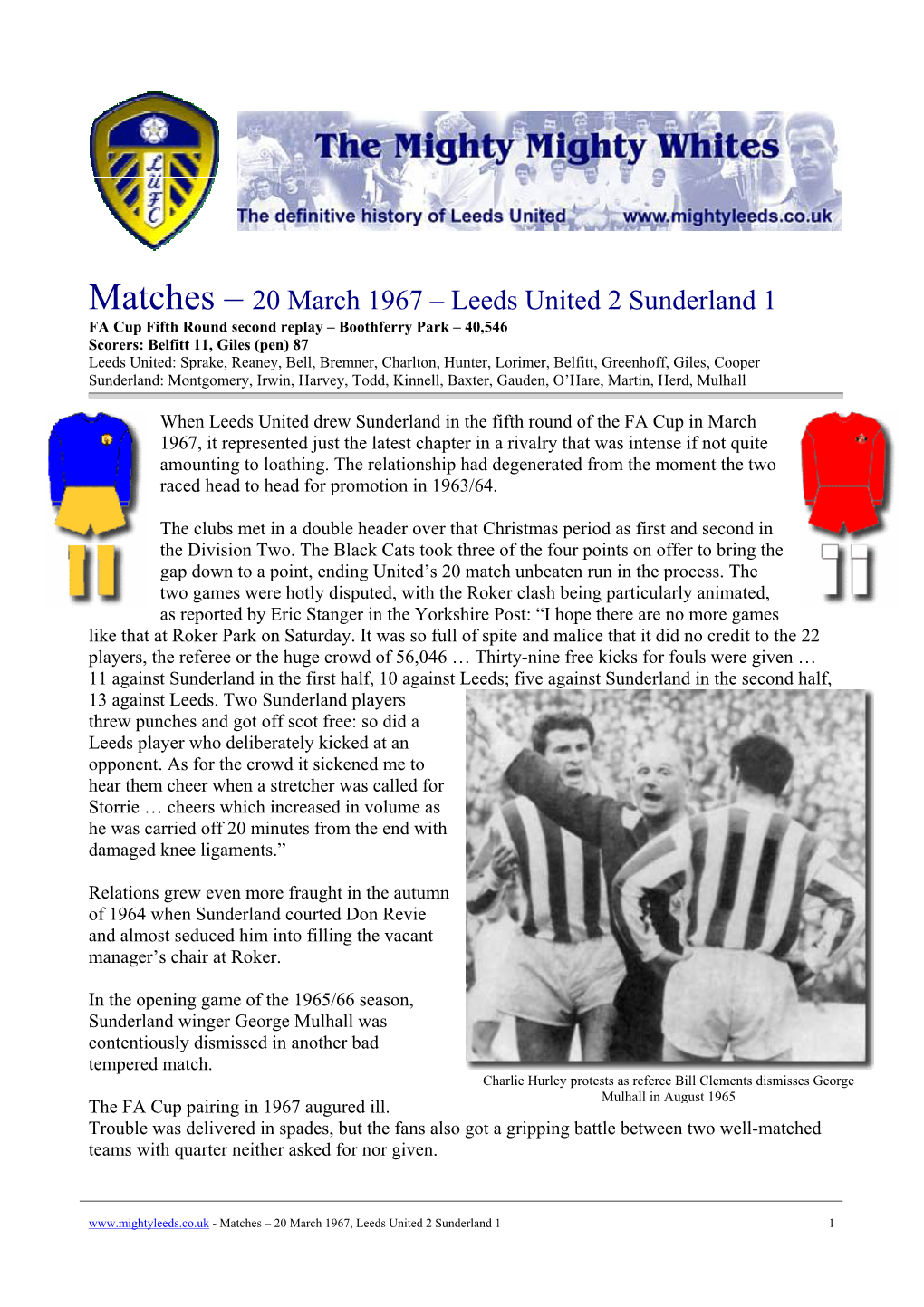 Matches – 20 March 1967 – Leeds United 2 Sunderland 1