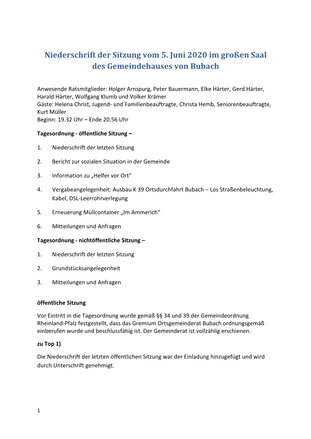 Niederschrift Der Sitzung Vom 5. Juni 2020 Im Großen Saal Des Gemeindehauses Von Bubach
