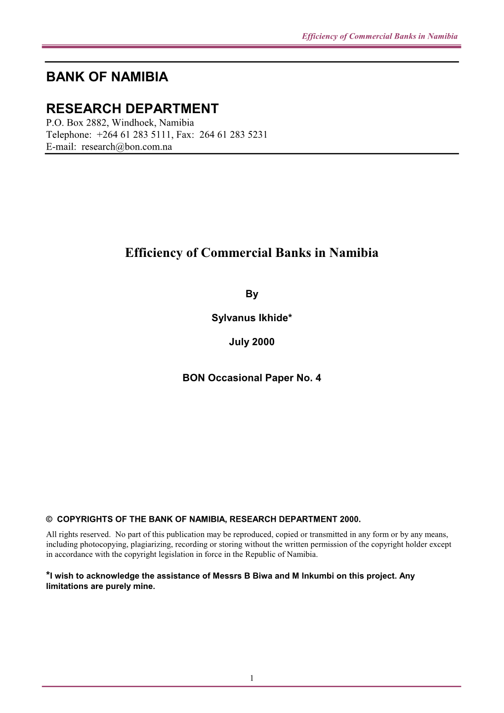 Efficiency of Namibian Commercial Banks