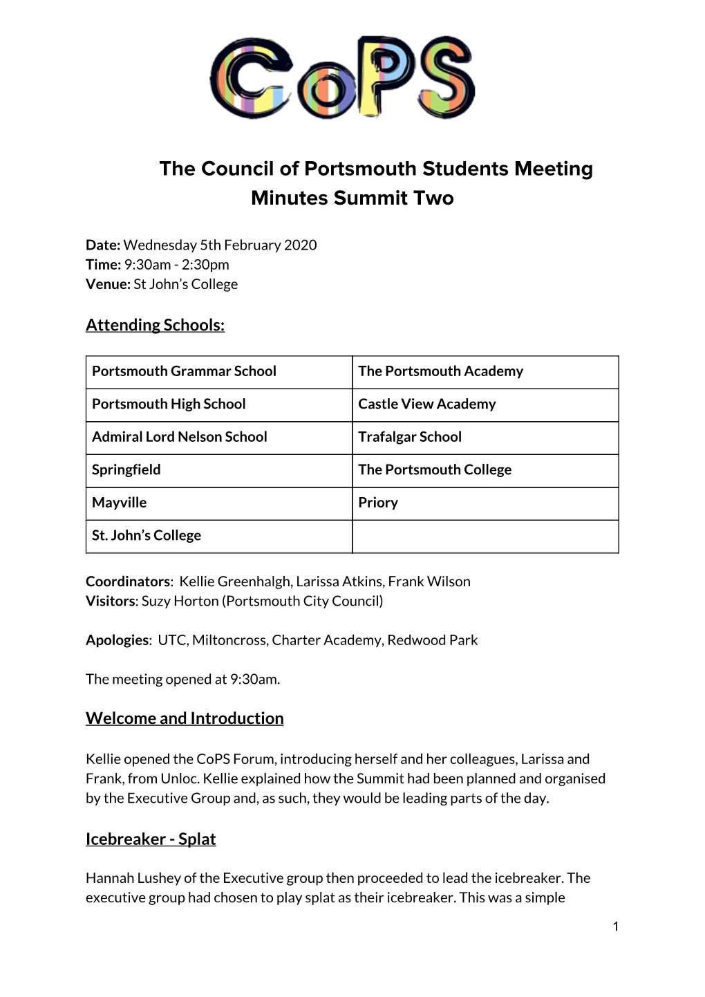 ​ the Council of Portsmouth Students Meeting Minutes Summit Two