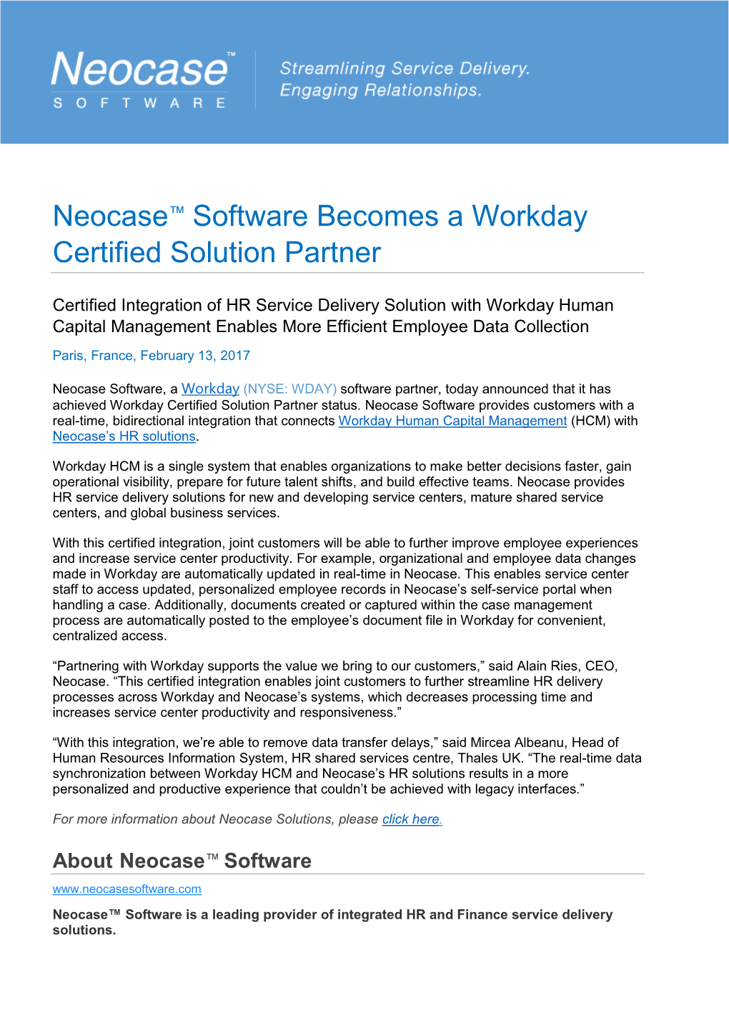 Neocase™ Software Becomes a Workday Certified Solution Partner