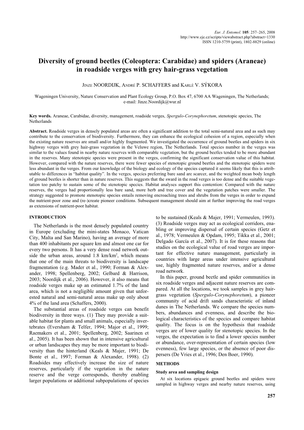 Diversity of Ground Beetles (Coleoptera: Carabidae) and Spiders (Araneae) in Roadside Verges with Grey Hair-Grass Vegetation