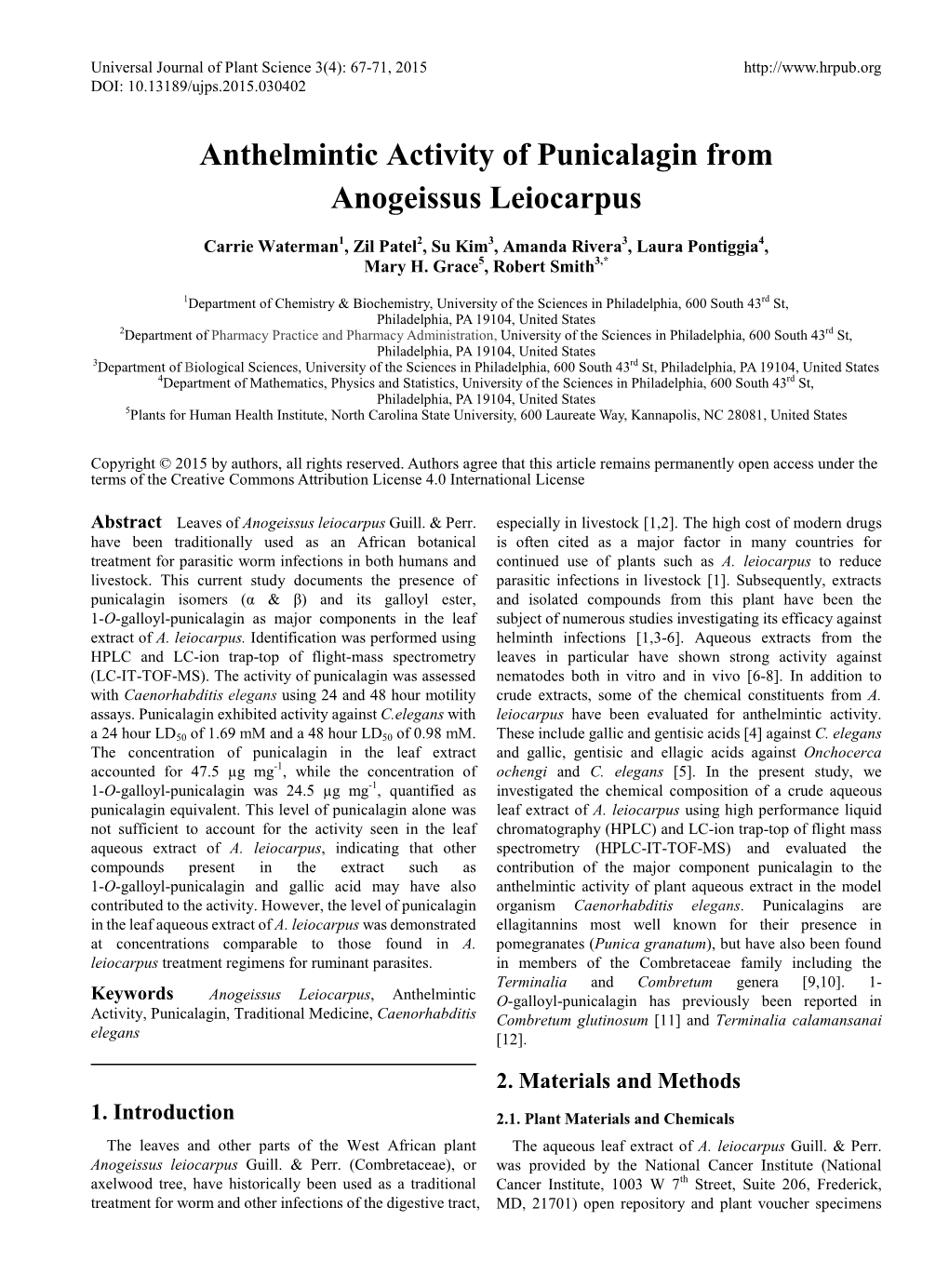 Anthelmintic Activity of Punicalagin from Anogeissus Leiocarpus