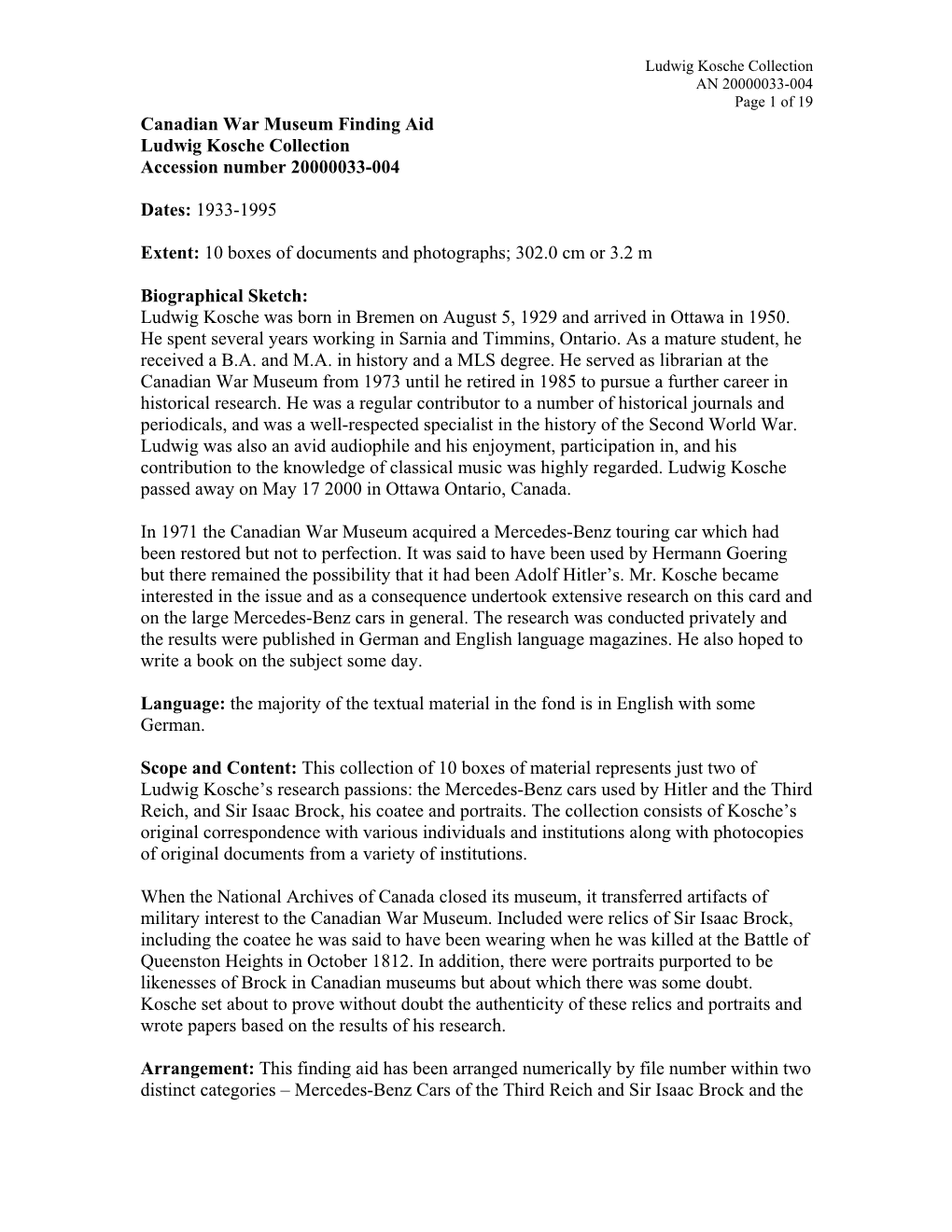 Ludwig Kosche Collection an 20000033-004 Page 1 of 19 Canadian War Museum Finding Aid Ludwig Kosche Collection Accession Number 20000033-004