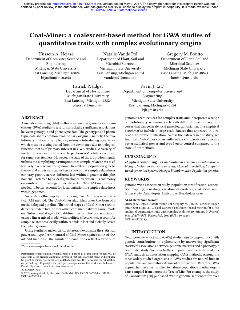 Coal-Miner: a Coalescent-Based Method for GWA Studies of Quantitative Traits with Complex Evolutionary Origins