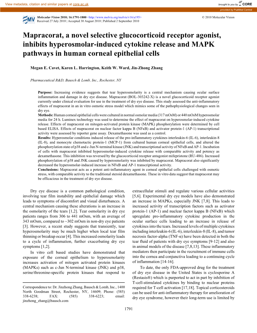 Mapracorat, a Novel Selective Glucocorticoid Receptor Agonist, Inhibits Hyperosmolar-Induced Cytokine Release and MAPK Pathways in Human Corneal Epithelial Cells