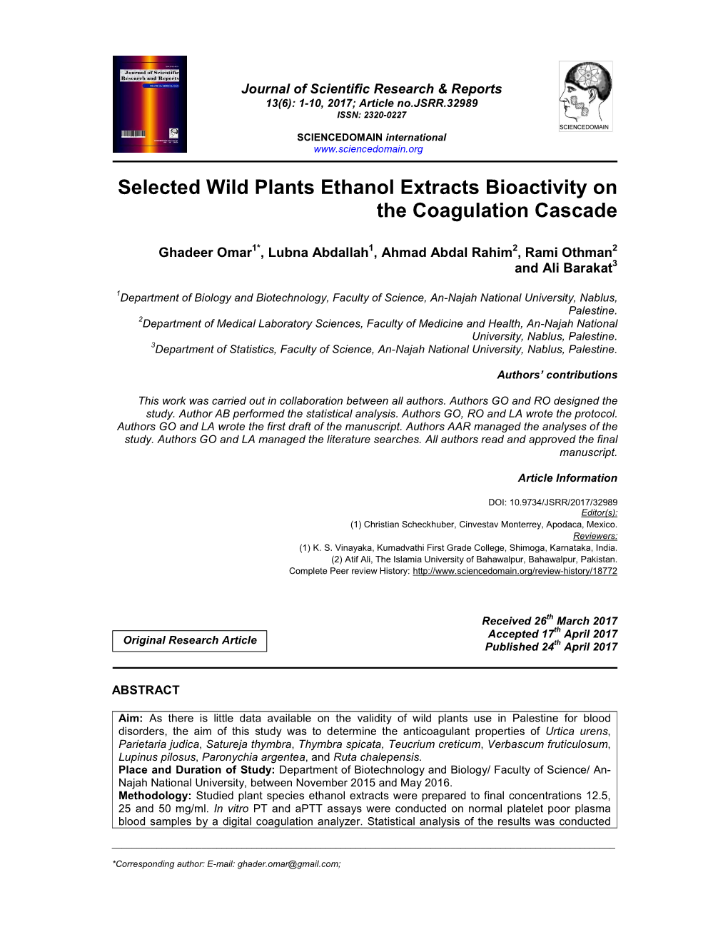 Selected Wild Plants Ethanol Extracts Bioactivity on the Coagulation Cascade