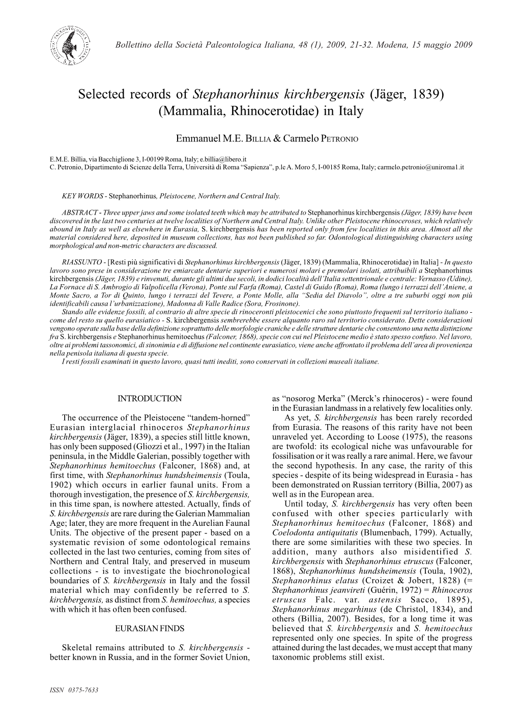 Stephanorhinus Kirchbergensis (Jäger, 1839) (Mammalia, Rhinocerotidae) in Italy