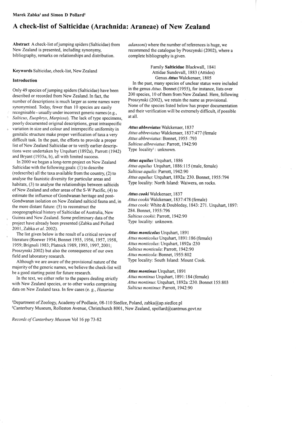 A Check-List of Salticidae (Arachnida: Araneae) of New Zealand