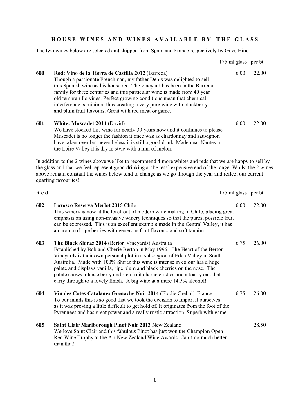 Restaurant Wine List September 2016