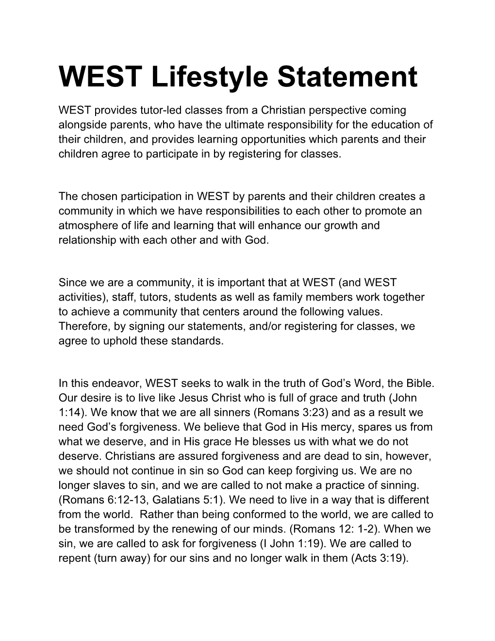 WEST Lifestyle Statement