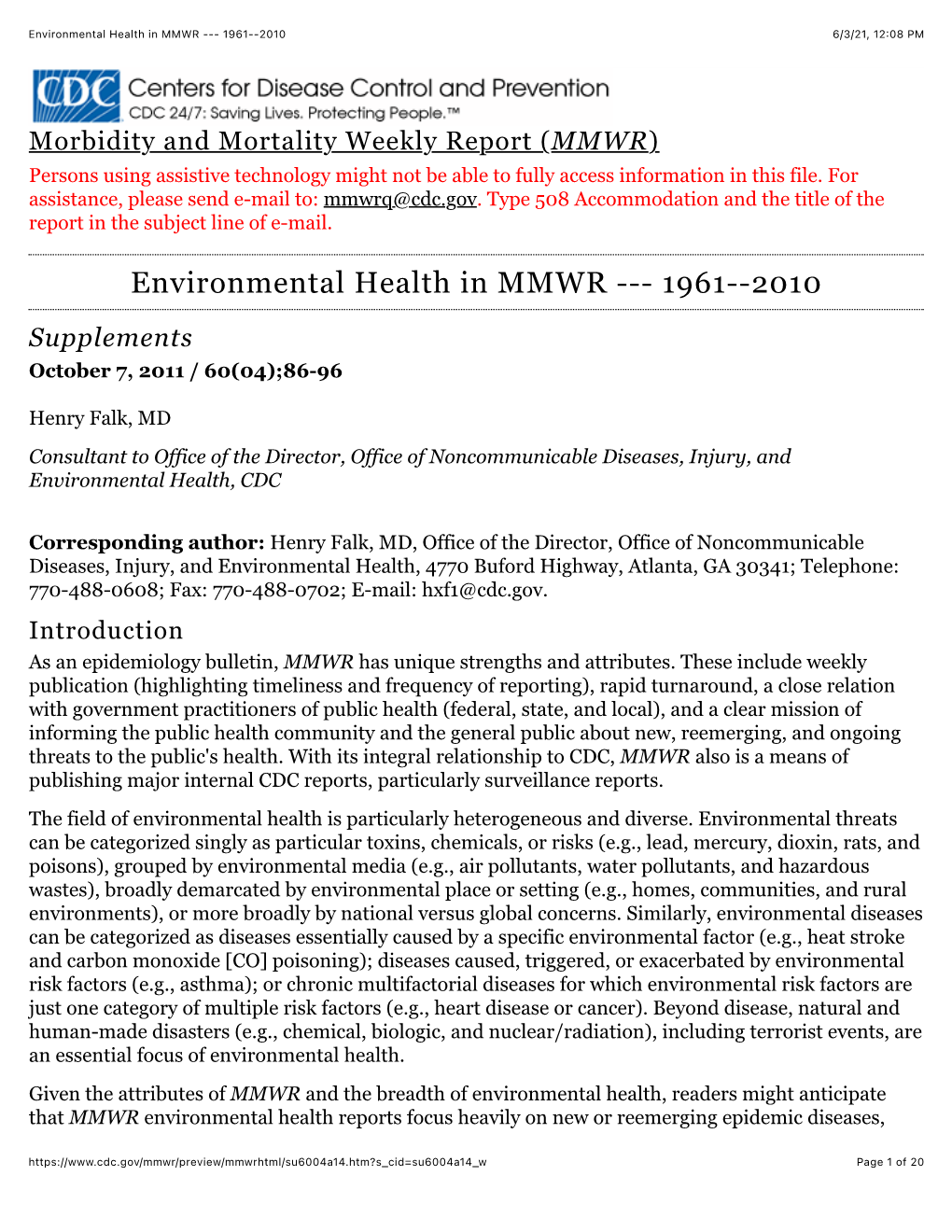 Environmental Health in MMWR --- 1961--2010 6/3/21, 12:08 PM