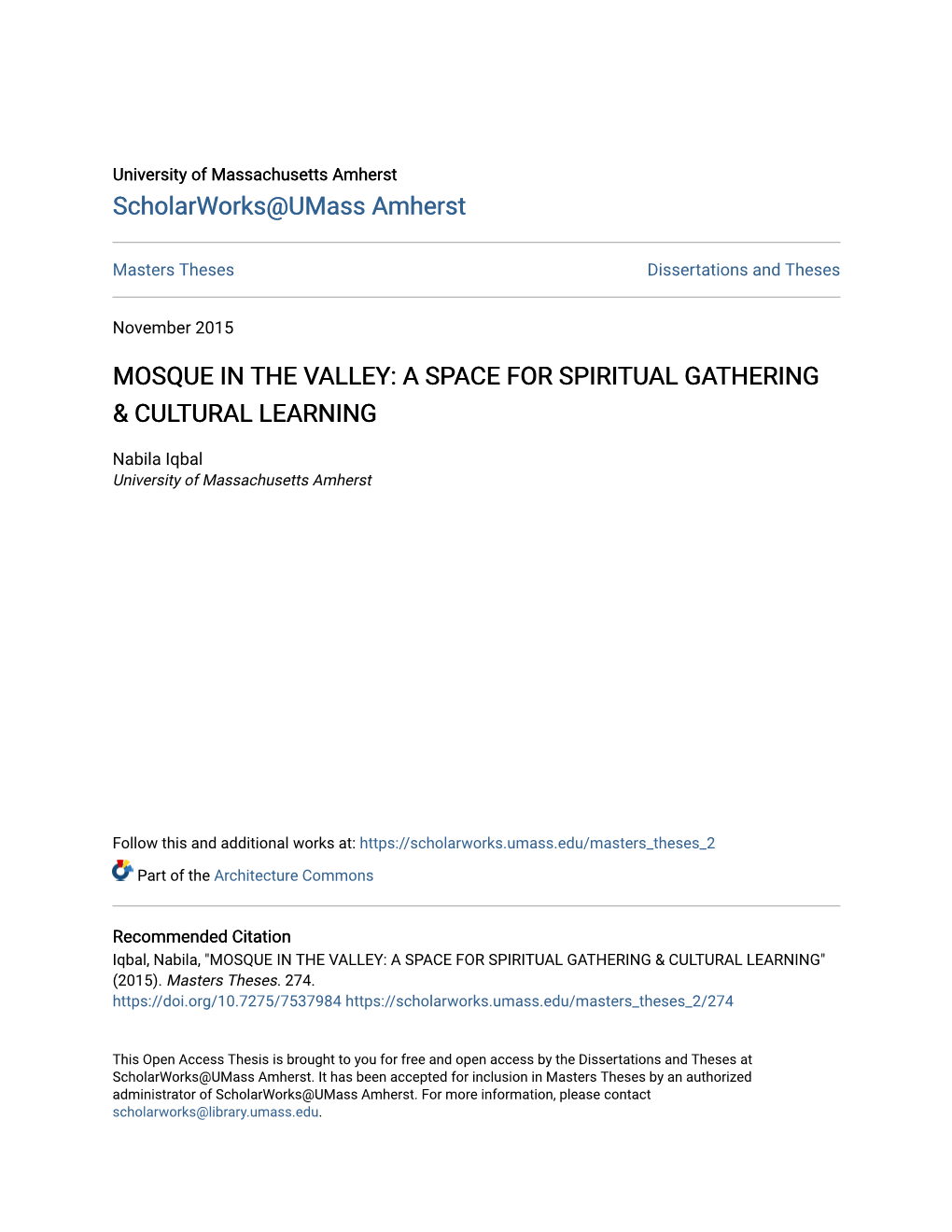 Mosque in the Valley: a Space for Spiritual Gathering & Cultural Learning