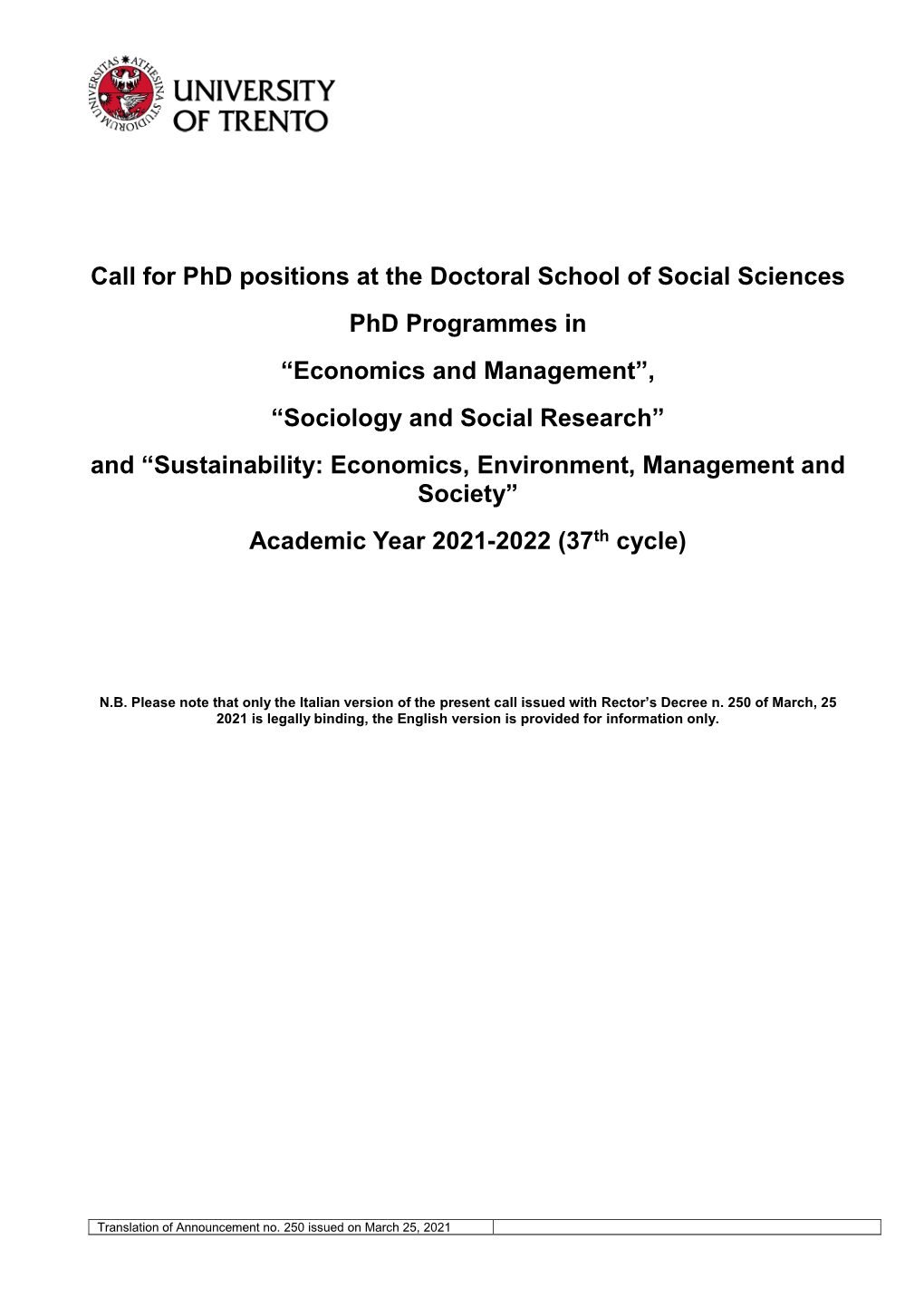 Call for Phd Positions at the Doctoral School of Social Sciences