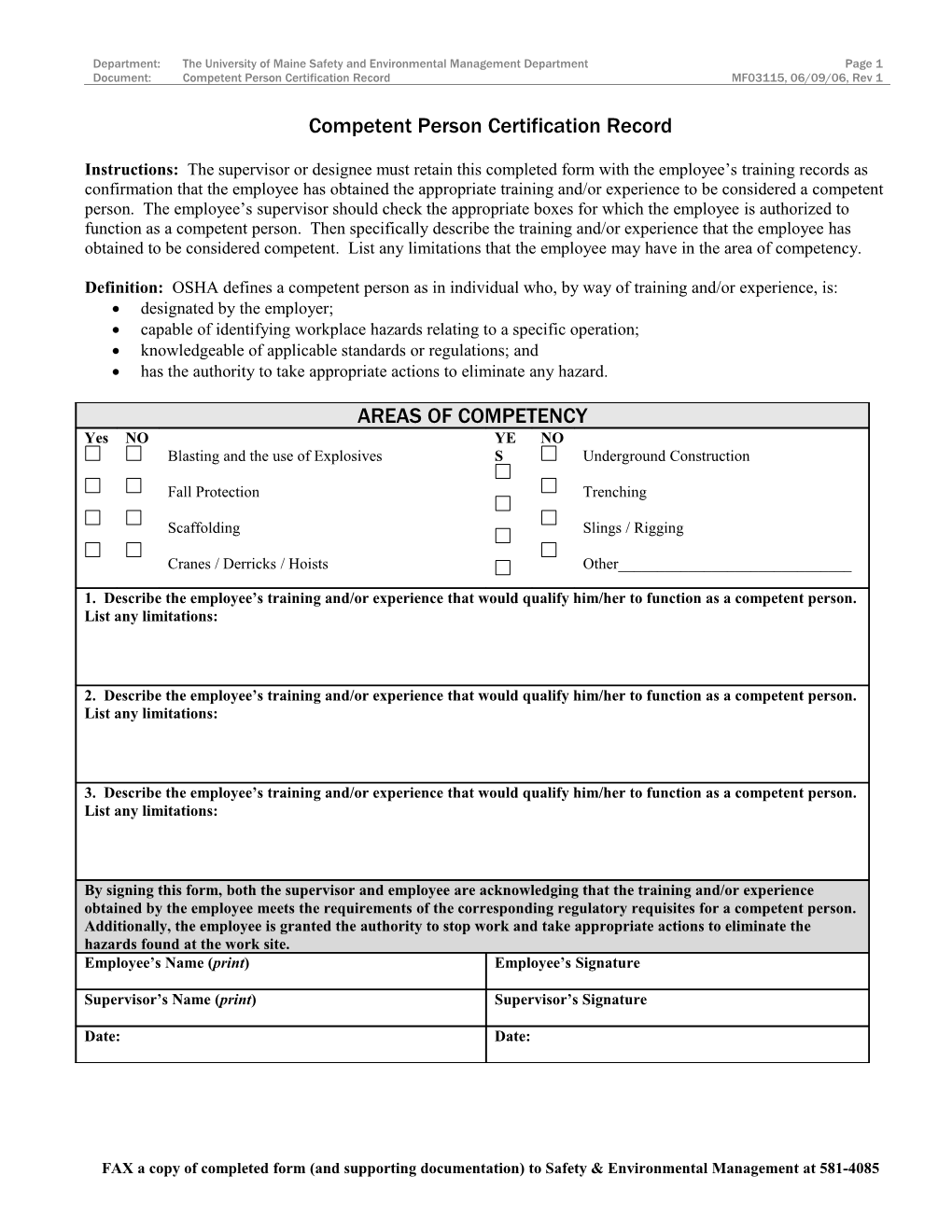 MF03115 Competent Person Certification Record