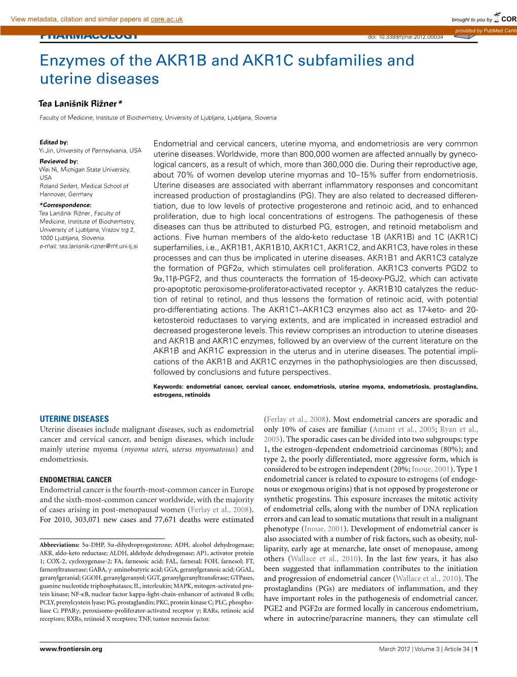 Enzymes of the AKR1B and AKR1C Subfamilies and Uterine Diseases