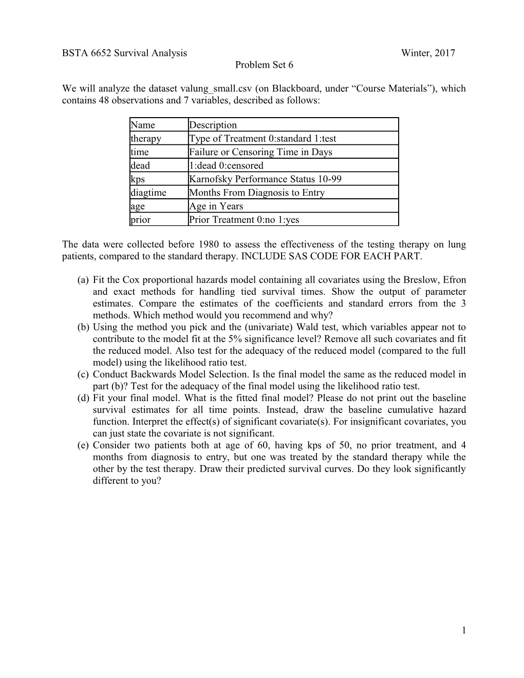 BSTA 6652 Survival Analysis Winter, 2017