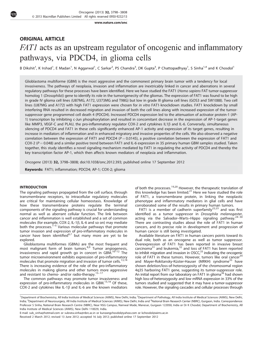 FAT1 Acts As an Upstream Regulator of Oncogenic and Inﬂammatory Pathways, Via PDCD4, in Glioma Cells