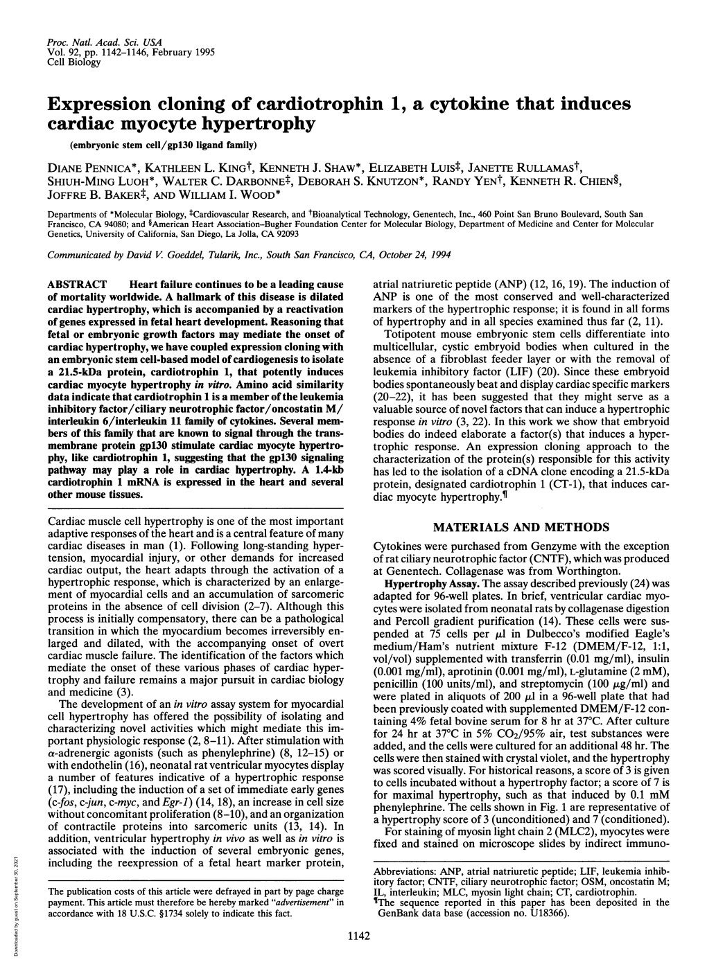 Expression Cloning of Cardiotrophin 1, a Cytokine That Induces Cardiac Myocyte Hypertrophy (Embryonic Stem Cell/Gpl30 Ligand Family) DIANE PENNICA*, KATHLEEN L