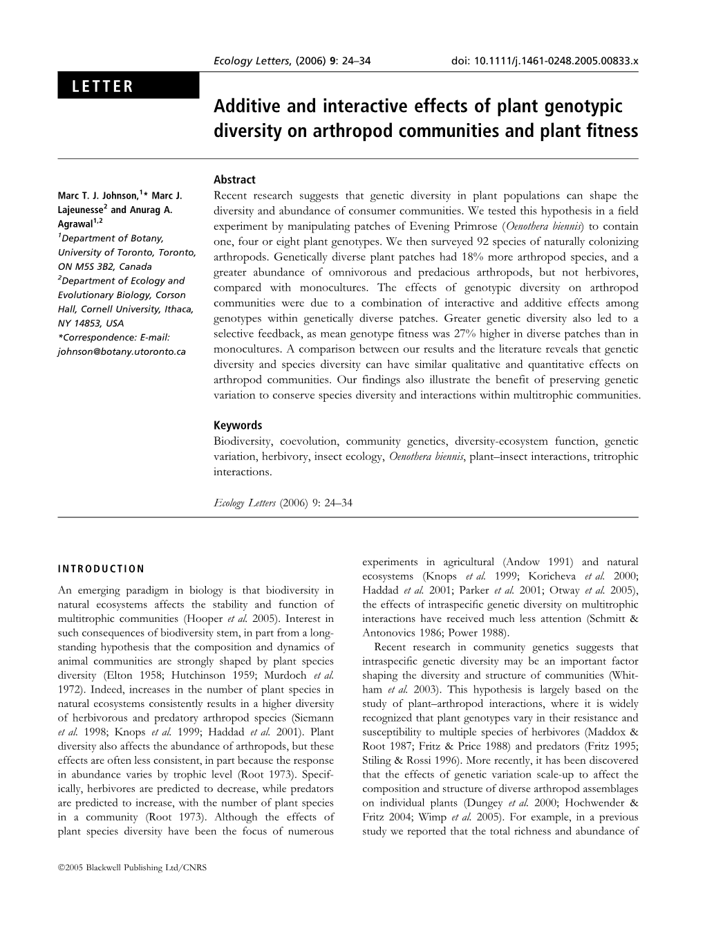 Additive and Interactive Effects of Plant Genotypic Diversity on Arthropod Communities and Plant Fitness