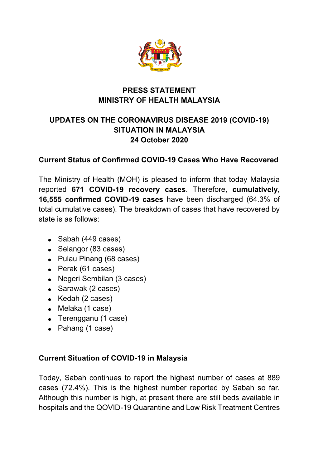 (COVID-19) SITUATION in MALAYSIA 24 October 2020