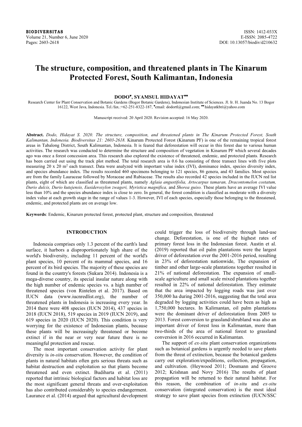 The Structure, Composition, and Threatened Plants in the Kinarum Protected Forest, South Kalimantan, Indonesia