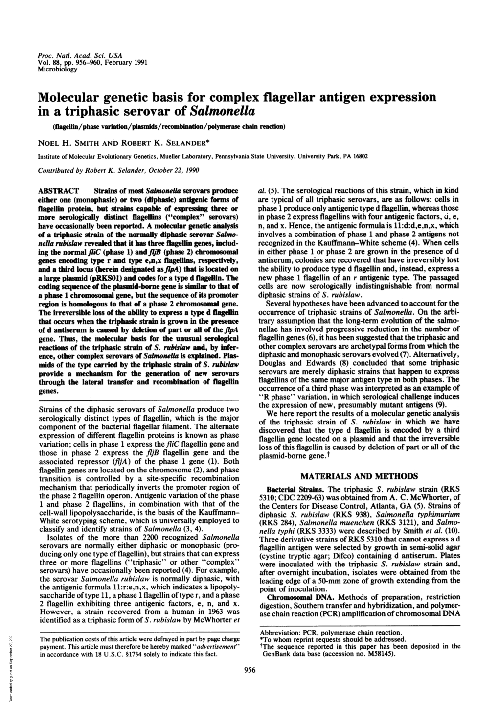 In a Triphasic Serovar of Salmonella (Flagellin/Phase Variation/Plasmids/Recombination/Polymerase Chain Reaction) NOEL H