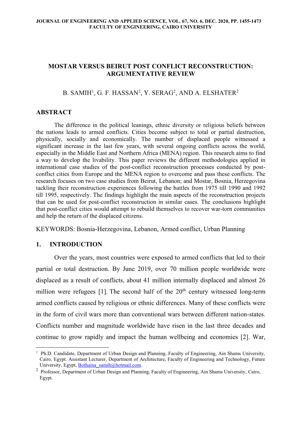 Mostar Versus Beirut Post Conflict Reconstruction: Argumentative Review