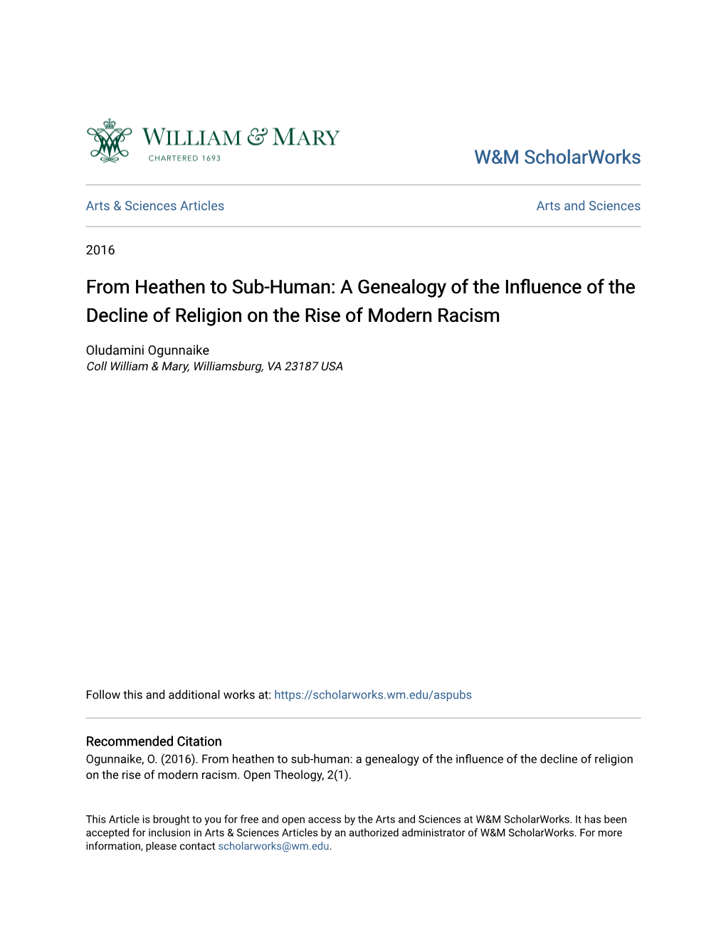 From Heathen to Sub-Human: a Genealogy of the Influence of the Decline of Religion on the Rise of Modern Racism