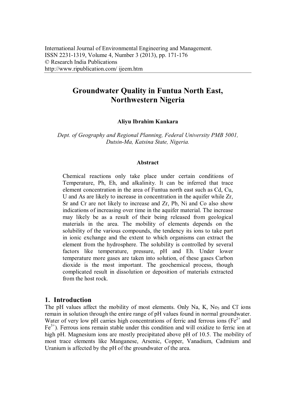 Groundwater Quality in Funtua North East, Northwestern Nigeria