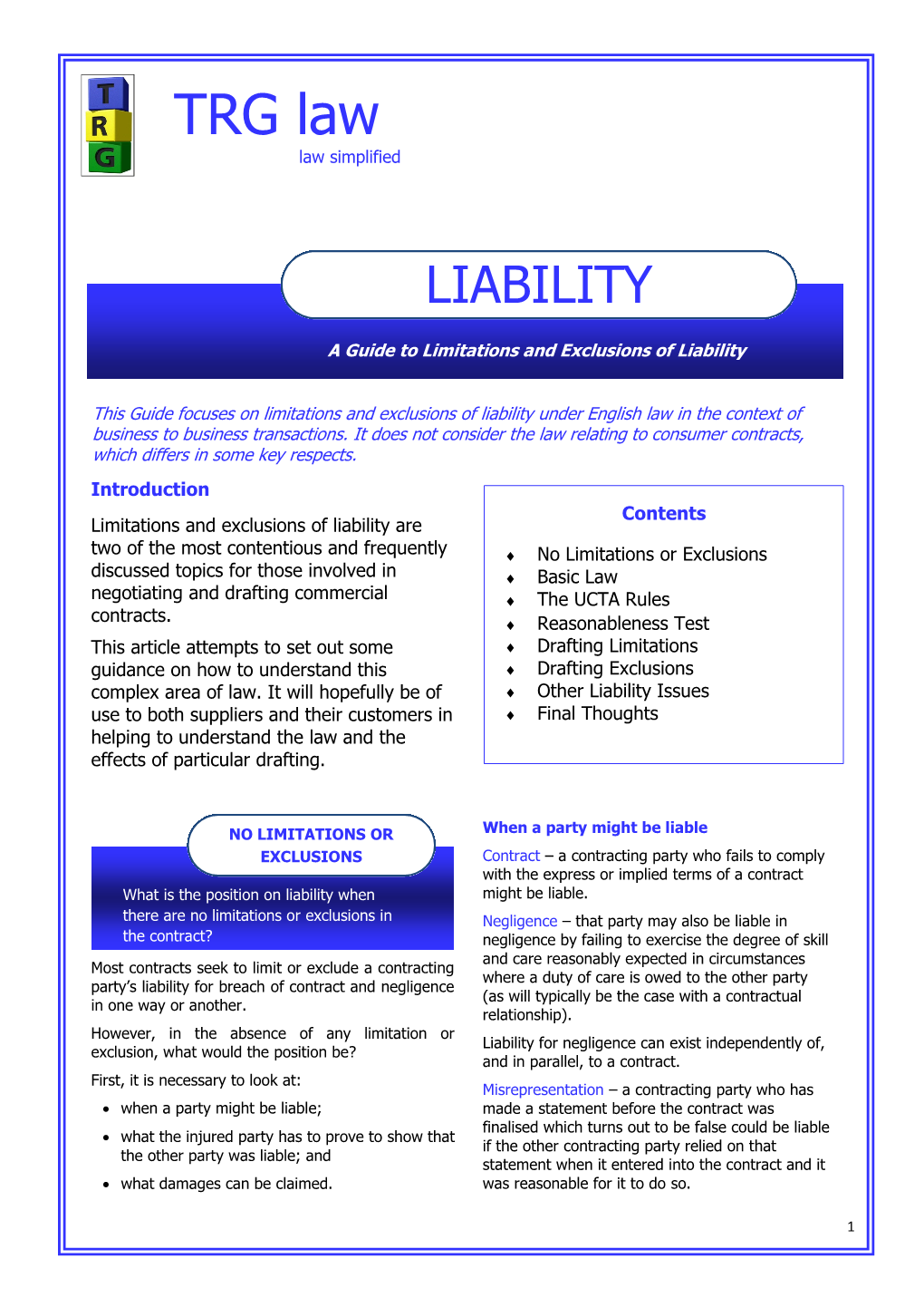 A Guide to Liability Limitations and Exclusions Sept 2011