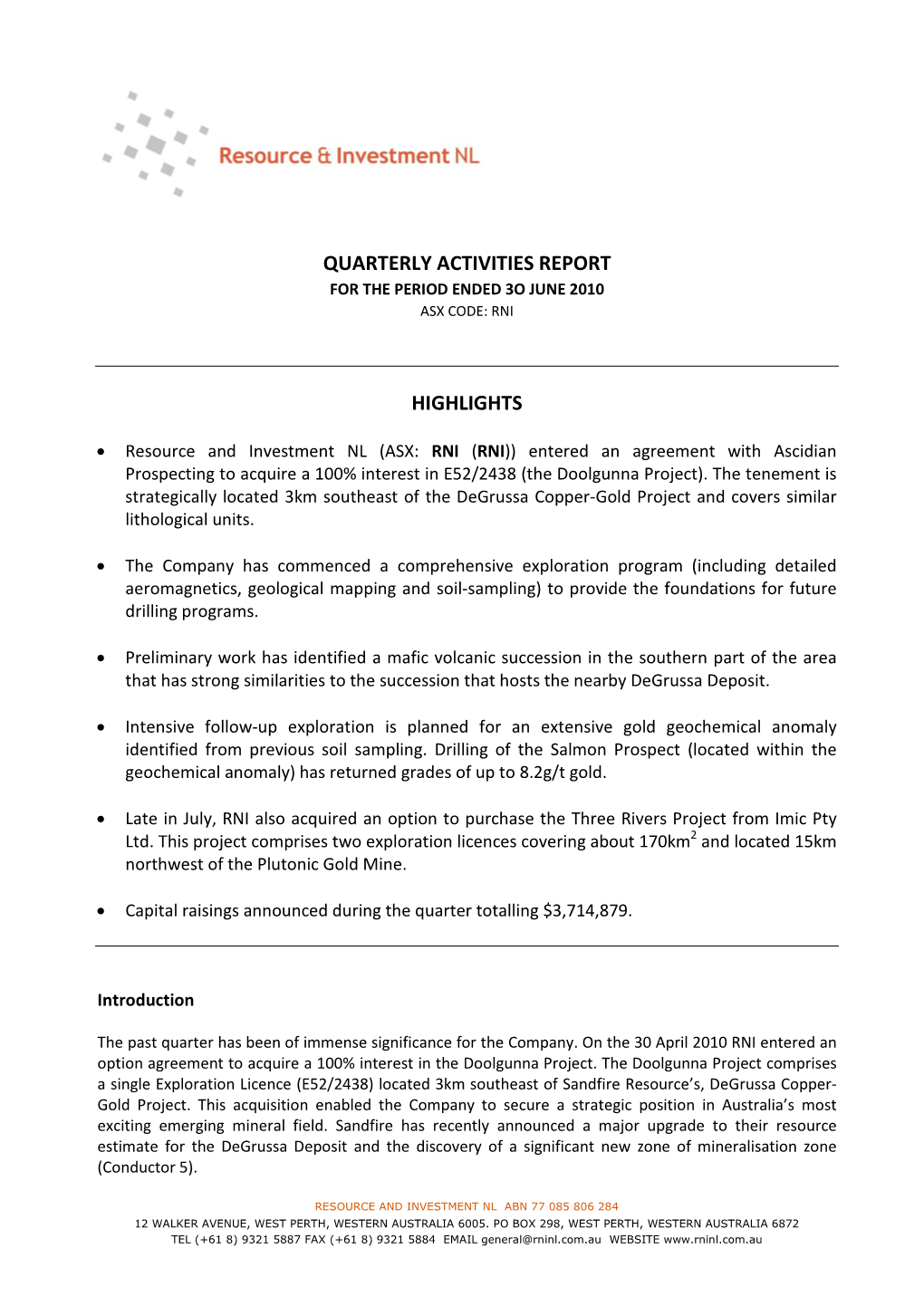Quarterly Activities Report Highlights