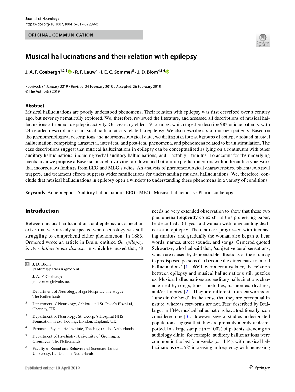 Musical Hallucinations and Their Relation with Epilepsy