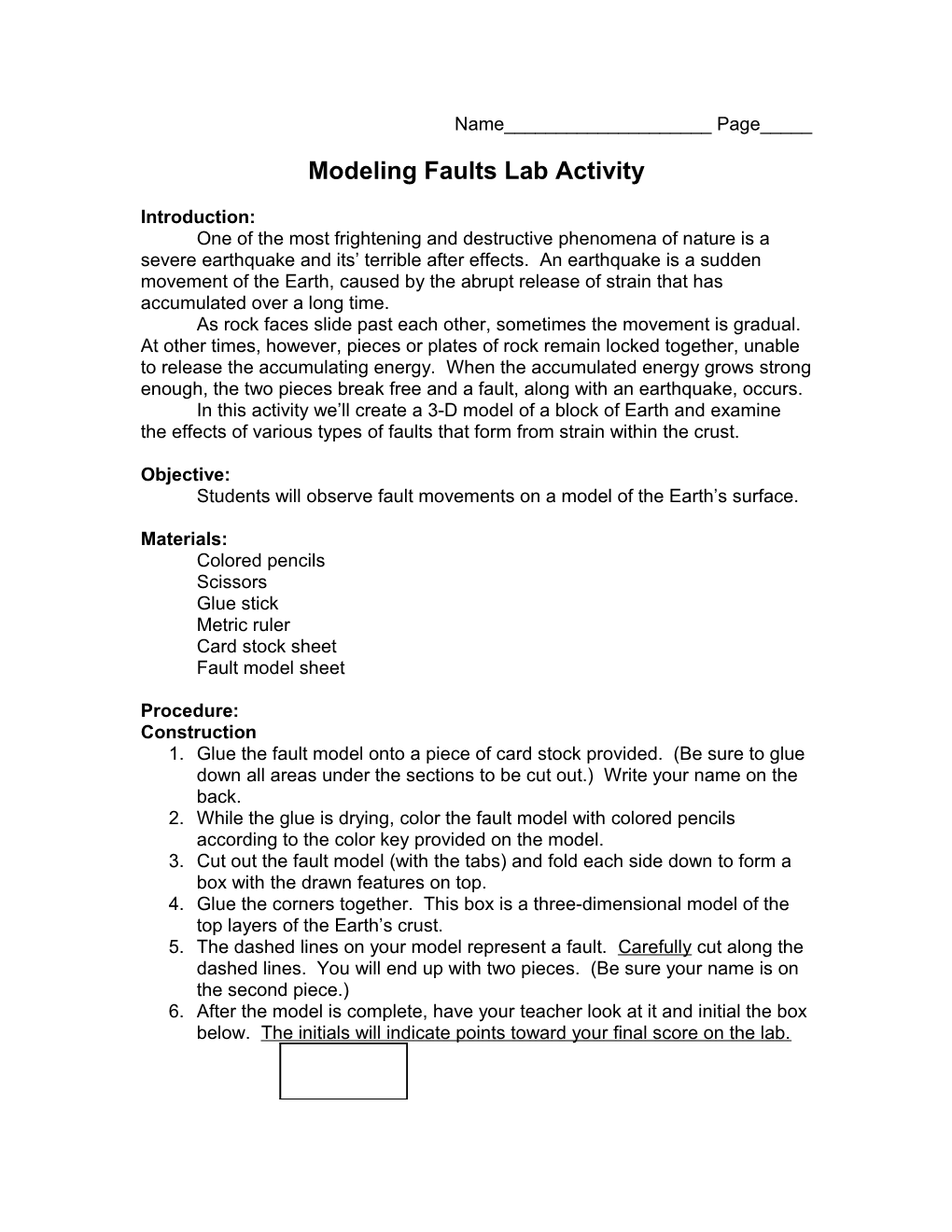 Modeling Faults Lab Activity