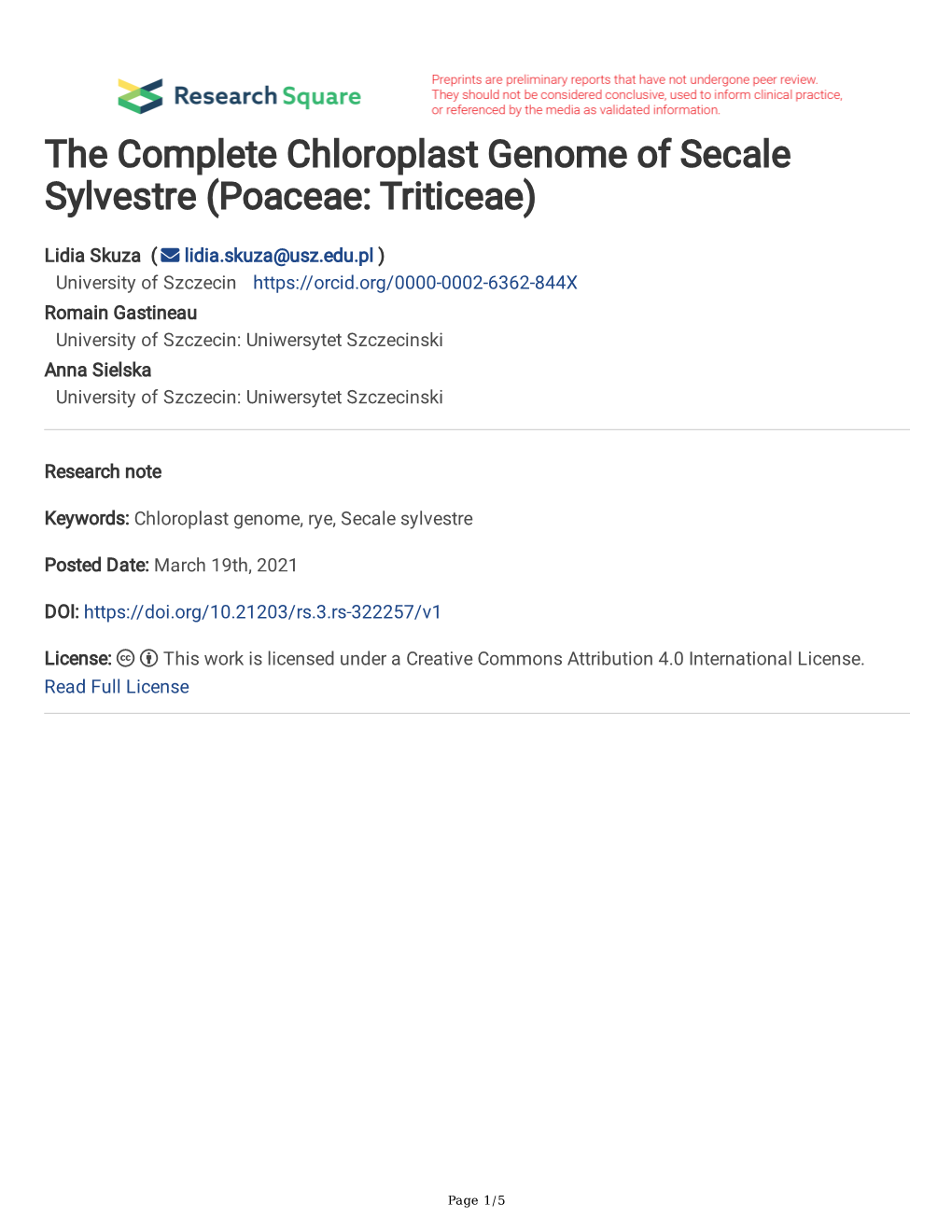 The Complete Chloroplast Genome of Secale Sylvestre (Poaceae: Triticeae)