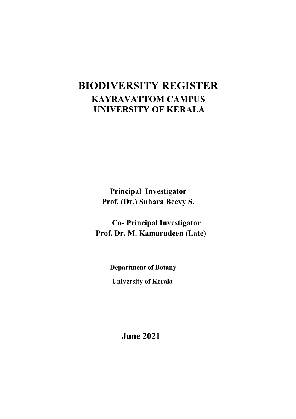 Biodiversity Register Kayravattom Campus University of Kerala