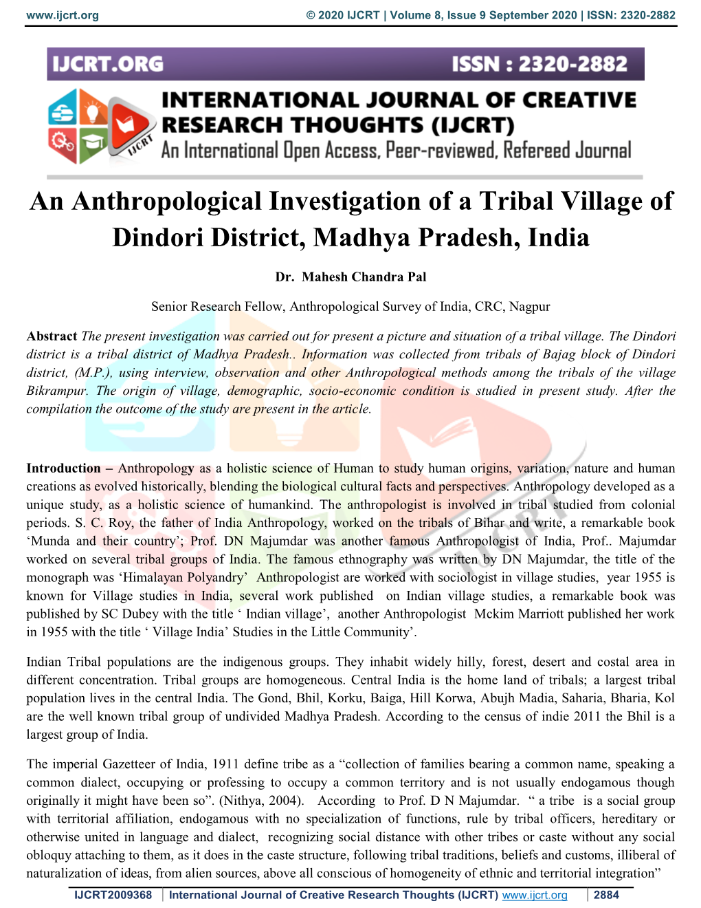 An Anthropological Investigation of a Tribal Village of Dindori District, Madhya Pradesh, India