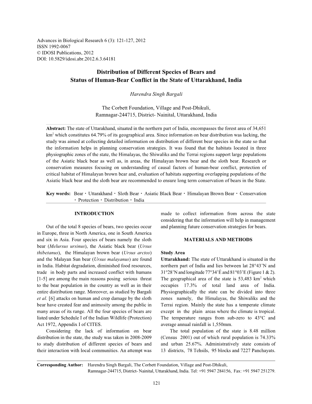 Distribution of Different Species of Bears and Status of Human-Bear Conflict in the State of Uttarakhand, India