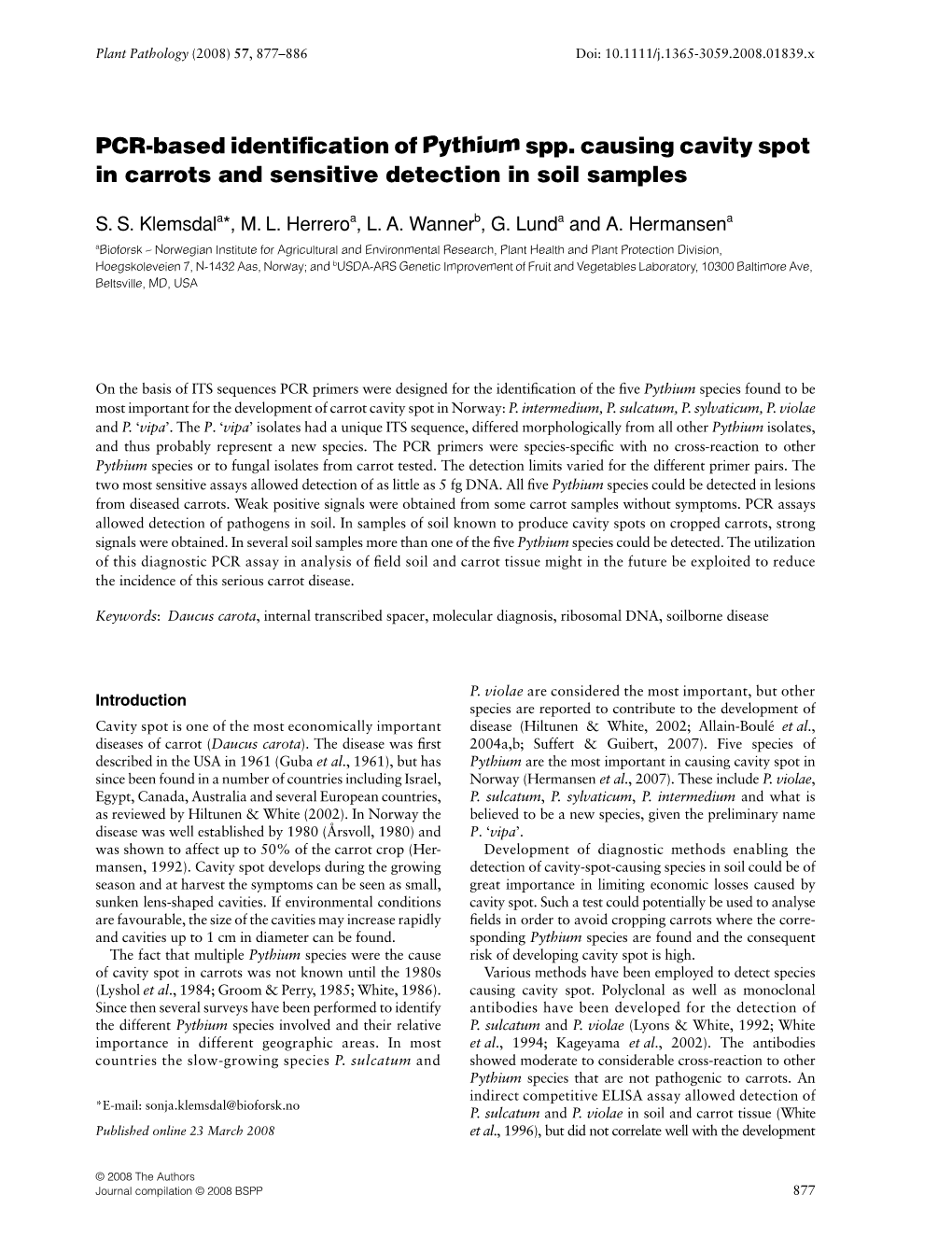 PCR-Based Identification of Pythium Spp. Causing Cavity Spot In