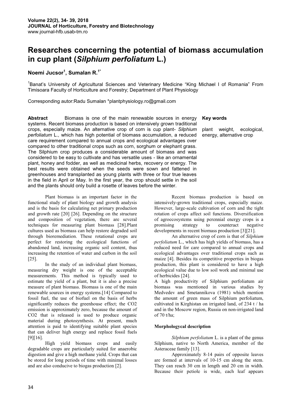 Researches Concerning the Potential of Biomass Accumulation in Cup Plant (Silphium Perfoliatum L.)