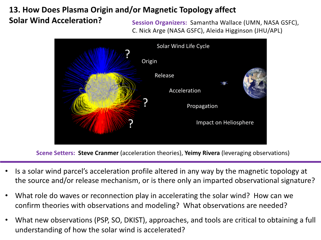 How Does Plasma Origin And/Or Magnetic Topology Affect Solar Wind Acceleration? Session Organizers: Samantha Wallace (UMN, NASA GSFC), C