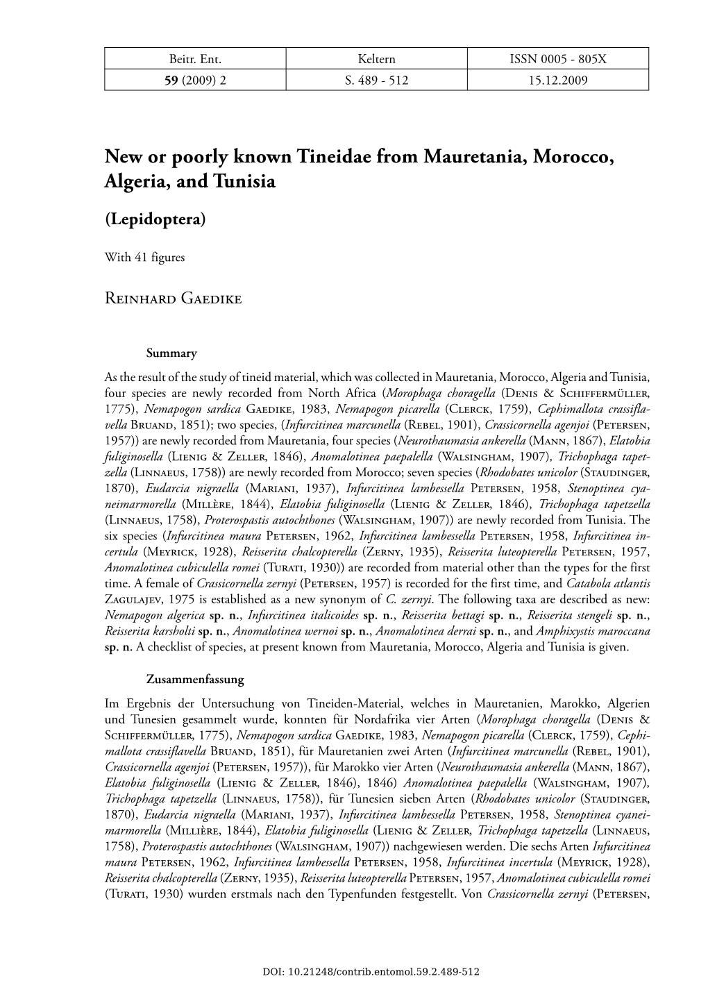 New Or Poorly Known Tineidae from Mauretania, Morocco, Algeria, and Tunisia