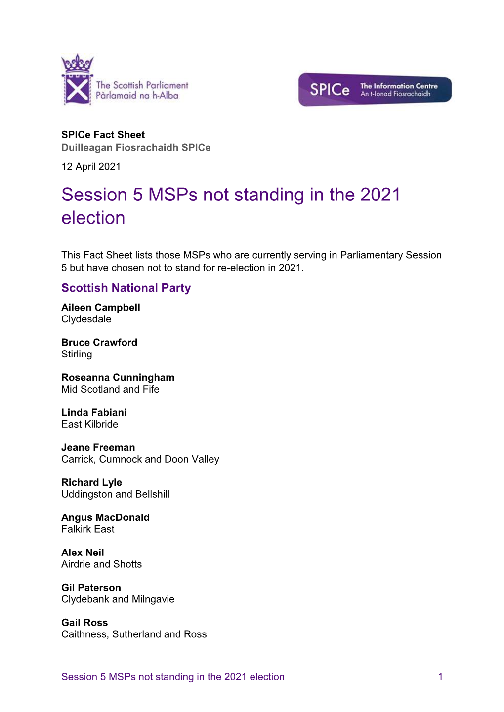 Msps Not Standing in the 2021 Election