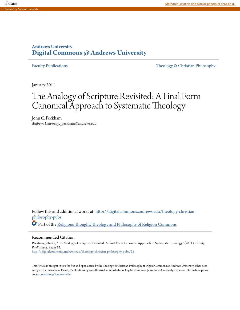 The Analogy of Scripture Revisited: a Final Form Canonical Approach to Systematic Theology John C