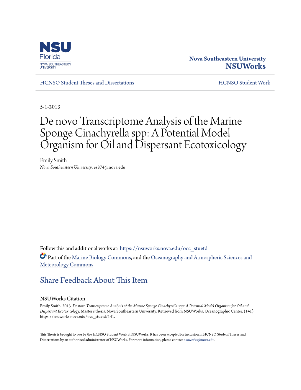 De Novo Transcriptome Analysis of the Marine Sponge