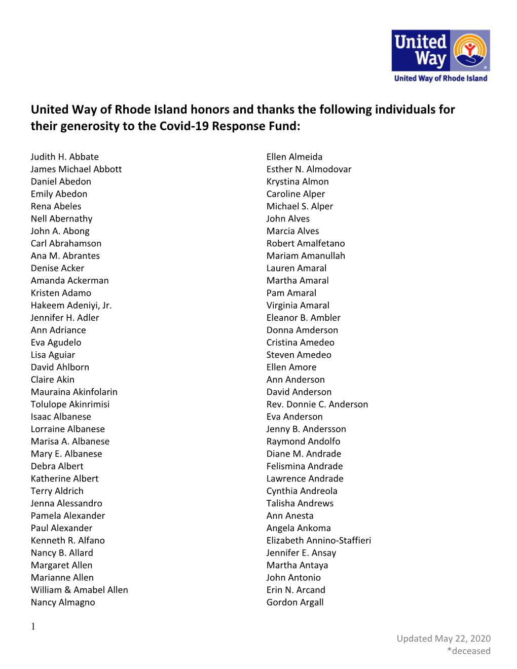 United Way of Rhode Island Honors and Thanks the Following Individuals for Their Generosity to the Covid-19 Response Fund